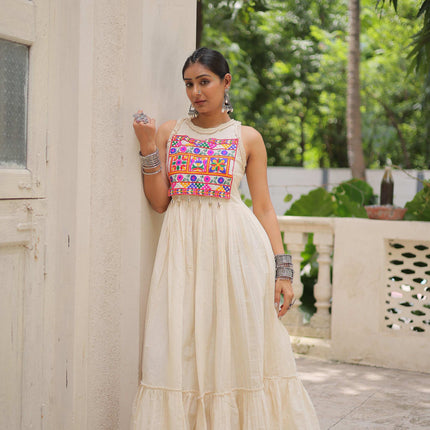Prazu Fashion Off White Kora Cotton With Multi Thread Embroidered Work Gown