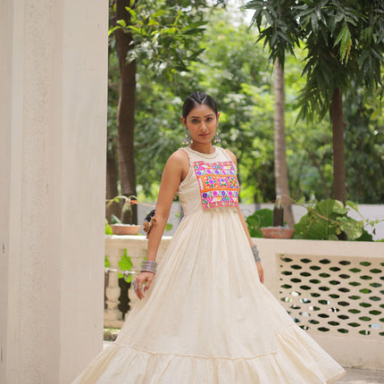 Lorenvalley Fashion Offwhite Kora Cotton with Multi Thread Embroidered Work Gown