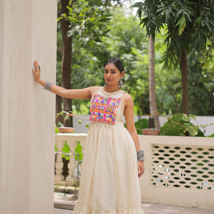 Lorenvalley Fashion Offwhite Kora Cotton with Multi Thread Embroidered Work Gown