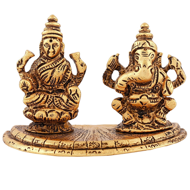 Estele Gold-Polished Goddess Laxmi & Lord Ganapati Idol for Pooja & Car Decor