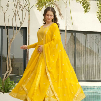 Aastha Fashion Yellow Faux Blooming Embroidery Zari Sequins-work Party Wear Designer Gown