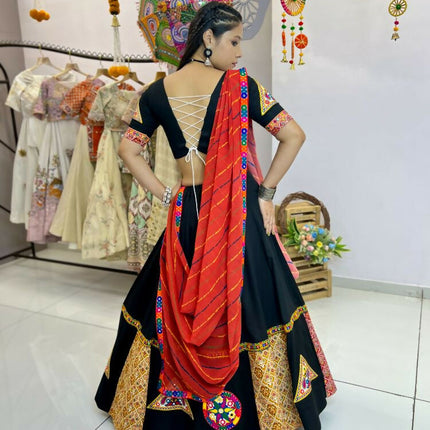 Aastha Fashion Black Rayon Gamthi Work Real Mirror Patch + Embroidery Thread Work Lace + Digital Print Semi Stitched Wedding Wear Lehenga Choli