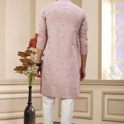 Raivat Ethnic Men's Art Silk Thread Work Kurta Pyjama In Onion Colour