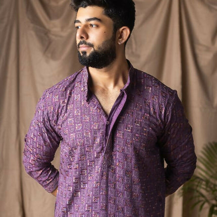Purple Rayon Thread Embroidery Work Kurta Set - Mahotsav