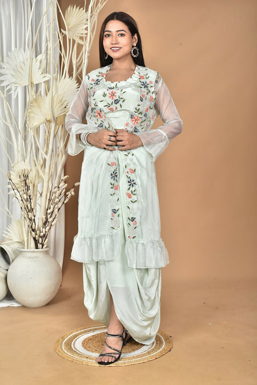 Morchari Women Hand Embroidery Crop Top-Sea Green