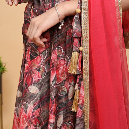 Divine Drape Girls Chinon Maroon Printed Kids Lehenga Choli With Dupatta