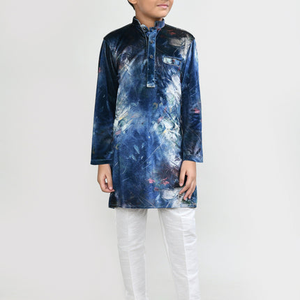 Joban Fashion Velvet Teal Blue Kurta With Straight Fit Pant