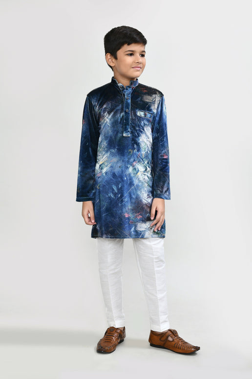 Joban Fashion Velvet Teal Blue Kurta With Straight Fit Pant