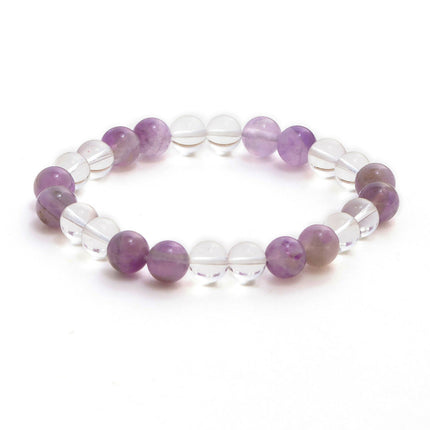 Clear Quartz and Amethyst White and Grey Beads Elastic Bracelet - Ruby Raang