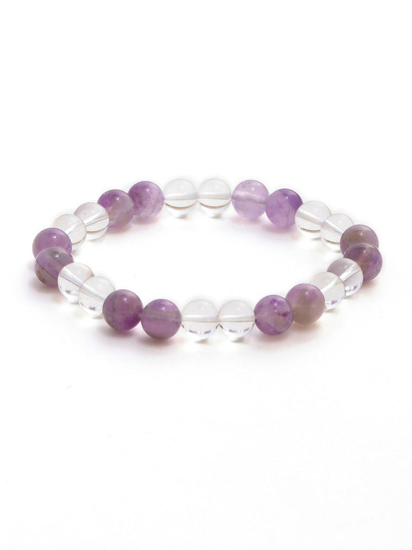 Clear Quartz and Amethyst White and Grey Beads Elastic Bracelet - Ruby Raang