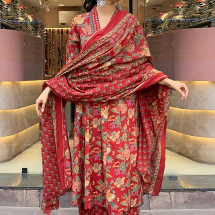 Divine Drape Women's Roman Slub Printed Anarkali Kurta Palazzo With Dupatta - Red