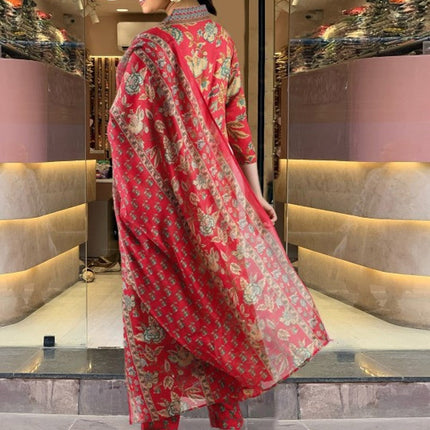Divine Drape Women's Roman Slub Printed Anarkali Kurta Palazzo With Dupatta - Red