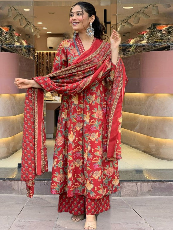 Divine Drape Women's Roman Slub Printed Anarkali Kurta Palazzo With Dupatta - Red