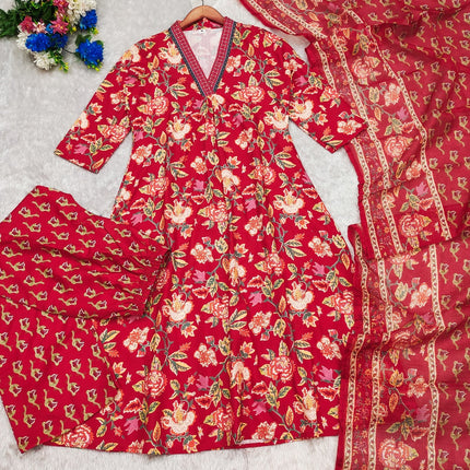 Divine Drape Women's Roman Slub Printed Anarkali Kurta Palazzo With Dupatta - Red