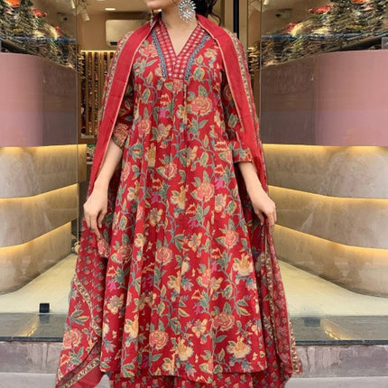 Divine Drape Women's Roman Slub Printed Anarkali Kurta Palazzo With Dupatta - Red