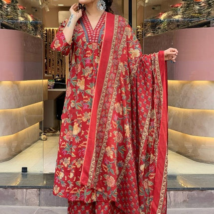 Divine Drape Women's Roman Slub Printed Anarkali Kurta Palazzo With Dupatta - Red
