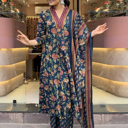 Divine Drape Women's Roman Slub Printed Anarkali Kurta Palazzo With Dupatta - Blue