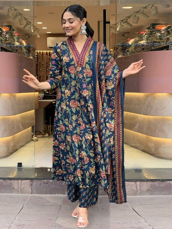 Divine Drape Women's Roman Slub Printed Anarkali Kurta Palazzo With Dupatta - Blue