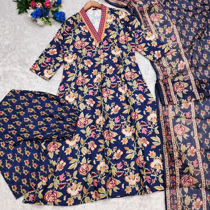 Divine Drape Women's Roman Slub Printed Anarkali Kurta Palazzo With Dupatta - Blue