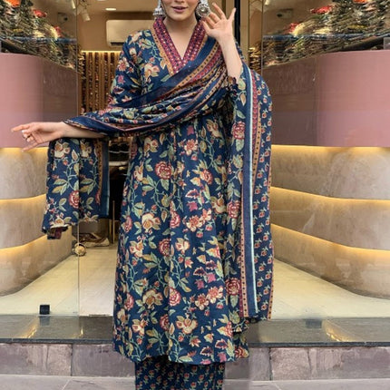 Divine Drape Women's Roman Slub Printed Anarkali Kurta Palazzo With Dupatta - Blue