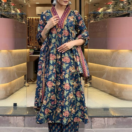 Divine Drape Women's Roman Slub Printed Anarkali Kurta Palazzo With Dupatta - Blue