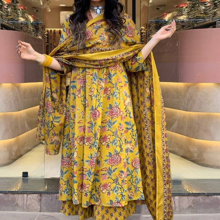 Divine Drape Women's Roman Slub Printed Anarkali Kurta Palazzo With Dupatta - Yellow
