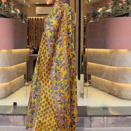 Divine Drape Women's Roman Slub Printed Anarkali Kurta Palazzo With Dupatta - Yellow