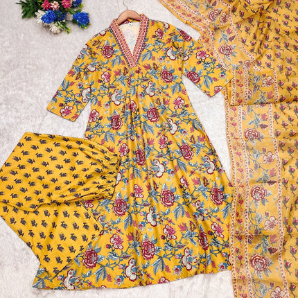 Divine Drape Women's Roman Slub Printed Anarkali Kurta Palazzo With Dupatta - Yellow