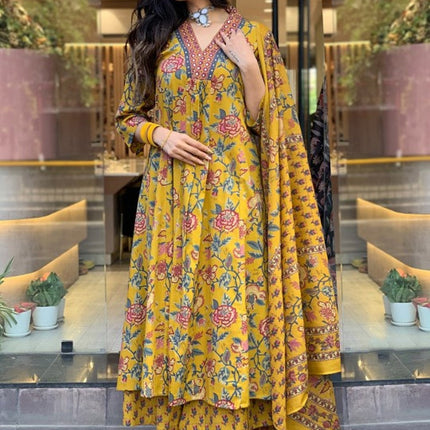 Divine Drape Women's Roman Slub Printed Anarkali Kurta Palazzo With Dupatta - Yellow