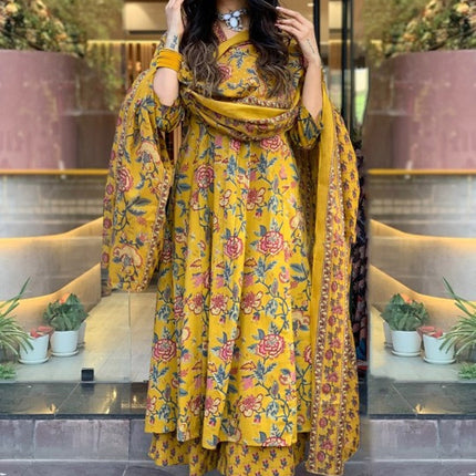 Divine Drape Women's Roman Slub Printed Anarkali Kurta Palazzo With Dupatta - Yellow