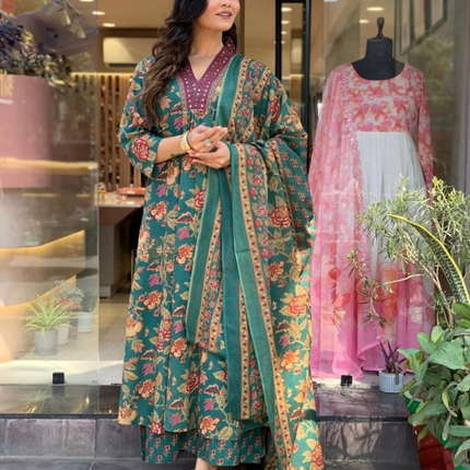 Divine Drape Women's Roman Slub Printed Anarkali Kurta Palazzo With Dupatta - Green