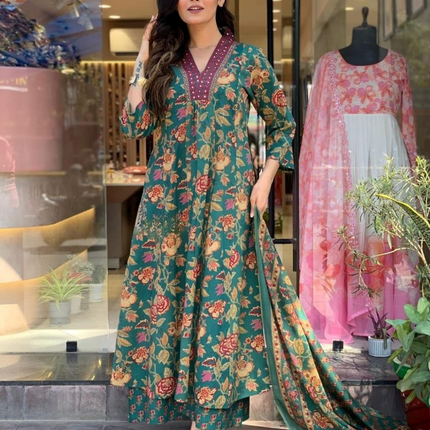 Divine Drape Women's Roman Slub Printed Anarkali Kurta Palazzo With Dupatta - Green