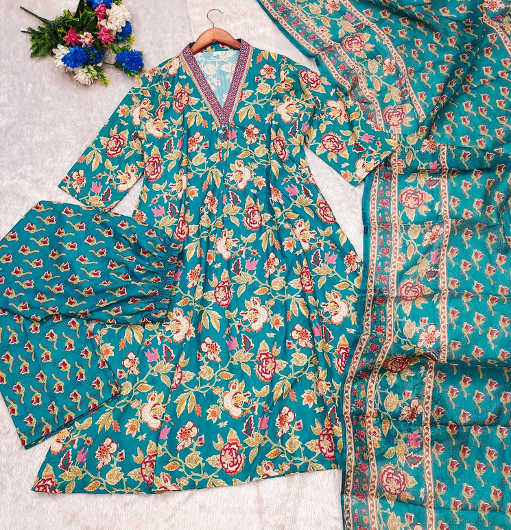 Divine Drape Women's Roman Slub Printed Anarkali Kurta Palazzo With Dupatta - Green