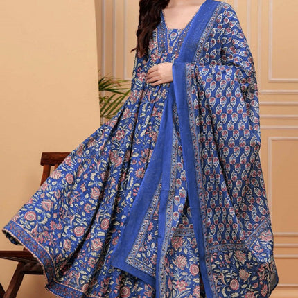 Divine Drape Women's Roman Slub Printed Anarkali Kurta Pant With Dupatta - Blue
