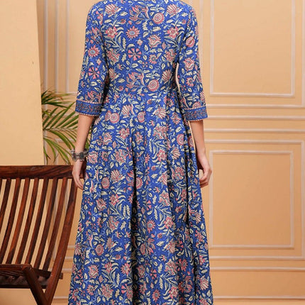 Divine Drape Women's Roman Slub Printed Anarkali Kurta Pant With Dupatta - Blue