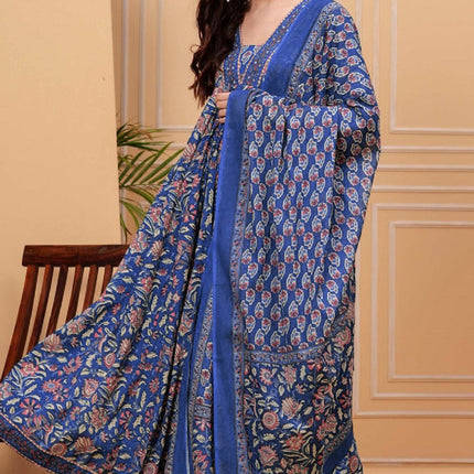 Divine Drape Women's Roman Slub Printed Anarkali Kurta Pant With Dupatta - Blue