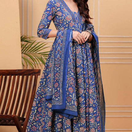Divine Drape Women's Roman Slub Printed Anarkali Kurta Pant With Dupatta - Blue