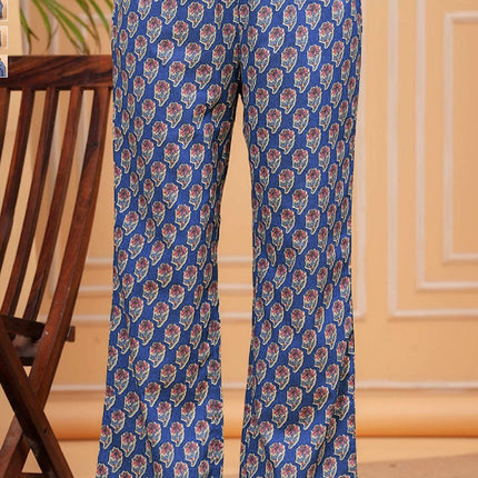 Divine Drape Women's Roman Slub Printed Anarkali Kurta Pant With Dupatta - Blue