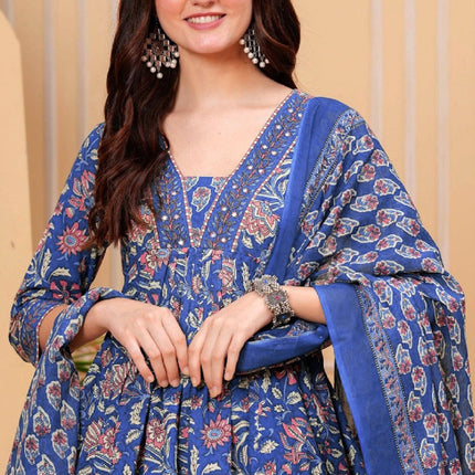 Divine Drape Women's Roman Slub Printed Anarkali Kurta Pant With Dupatta - Blue
