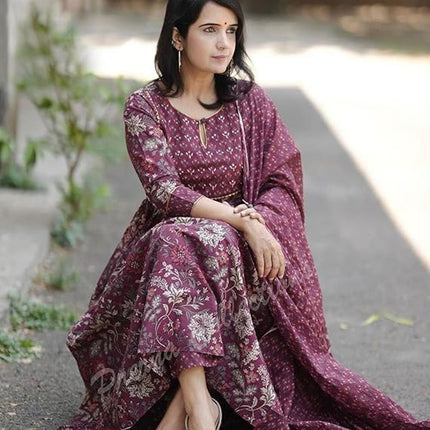 Divine Drape Women's Roman Slub Printed Anarkali Kurta Pant With Dupatta - Purple