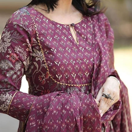 Divine Drape Women's Roman Slub Printed Anarkali Kurta Pant With Dupatta - Purple