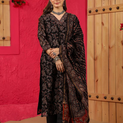 Divine Drape Women's Roman Slub Printed Straight Kurta Pant With Dupatta - Black