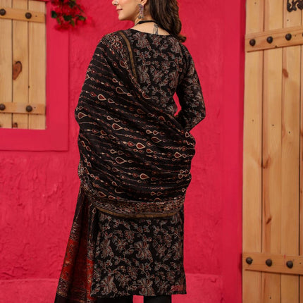 Divine Drape Women's Roman Slub Printed Straight Kurta Pant With Dupatta - Black