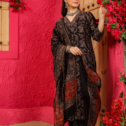 Divine Drape Women's Roman Slub Printed Straight Kurta Pant With Dupatta - Black