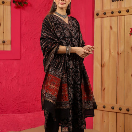 Divine Drape Women's Roman Slub Printed Straight Kurta Pant With Dupatta - Black