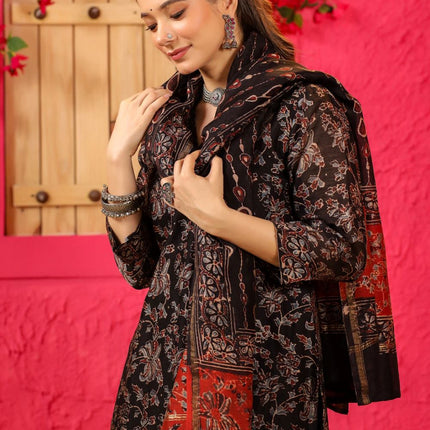 Divine Drape Women's Roman Slub Printed Straight Kurta Pant With Dupatta - Black