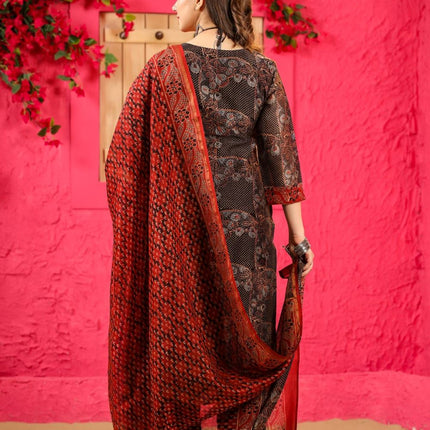 Divine Drape Women's Roman Slub Printed Straight Kurta Pant With Dupatta - Brown