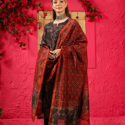 Divine Drape Women's Roman Slub Printed Straight Kurta Pant With Dupatta - Brown