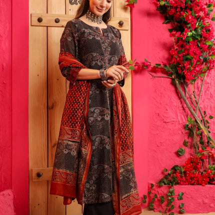 Divine Drape Women's Roman Slub Printed Straight Kurta Pant With Dupatta - Brown