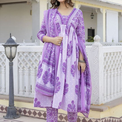 Divine Drape Women's Rayon Printed Anarkali Kurta Pant With Dupatta - Purple